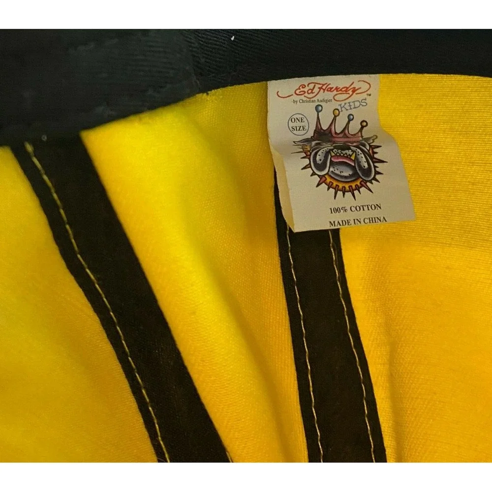 Ed Hardy Kids Baseball Hat Cap Black Yellow Embroidered Roaring Tiger Strapback